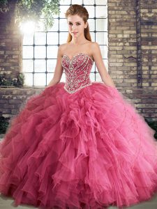 Watermelon Red Sleeveless Beading and Ruffles Floor Length Sweet 16 Dresses