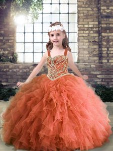 Straps Sleeveless Tulle Kids Pageant Dress Beading and Ruffles Lace Up