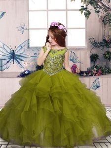 Organza Scoop Sleeveless Lace Up Beading and Ruffles Little Girl Pageant Gowns in Olive Green