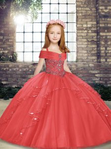 Dazzling Straps Sleeveless Lace Up Kids Pageant Dress Coral Red Tulle