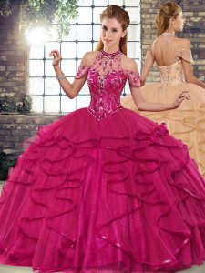 Superior Fuchsia Tulle Lace Up Halter Top Sleeveless Floor Length Sweet 16 Quinceanera Dress Beading and Ruffles