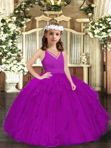 Floor Length Purple Little Girls Pageant Gowns V-neck Sleeveless Zipper