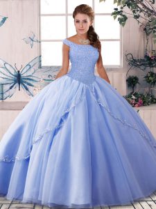 Lavender Ball Gown Prom Dress Tulle Brush Train Sleeveless Beading