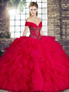 Traditional Red Tulle Lace Up Off The Shoulder Sleeveless Floor Length Quinceanera Dresses Beading and Ruffles