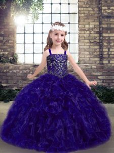 Organza Straps Sleeveless Lace Up Beading and Ruffles Little Girls Pageant Gowns in Purple