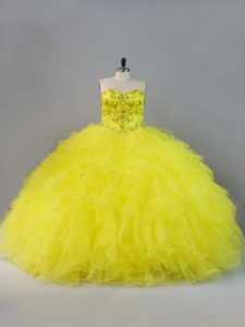 Attractive Yellow Green Sweetheart Lace Up Beading and Ruffles Ball Gown Prom Dress Sleeveless