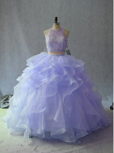 Sleeveless Organza Floor Length Backless Quince Ball Gowns in Lavender with Beading and Ruffles