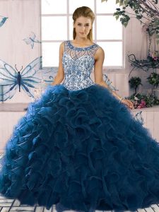 Artistic Ball Gowns Sweet 16 Dress Navy Blue Scoop Organza Sleeveless Floor Length Lace Up