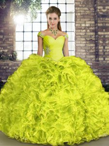 Sleeveless Organza Floor Length Lace Up Vestidos de Quinceanera in Yellow Green with Beading and Ruffles