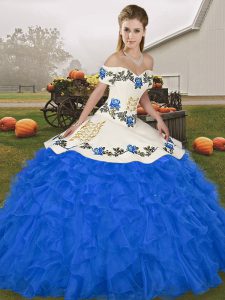 Adorable Off The Shoulder Sleeveless Organza Ball Gown Prom Dress Embroidery and Ruffles Lace Up