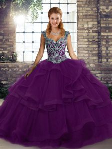 Purple Straps Neckline Beading and Ruffles Quinceanera Gown Sleeveless Lace Up