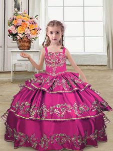 Admirable Satin Straps Sleeveless Lace Up Embroidery and Ruffled Layers Little Girl Pageant Gowns in Fuchsia