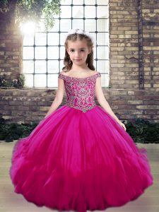 Custom Made Floor Length Ball Gowns Sleeveless Fuchsia Kids Formal Wear Lace Up