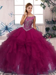 Superior Fuchsia Ball Gowns Scoop Sleeveless Organza Floor Length Zipper Beading and Ruffles Quinceanera Gowns