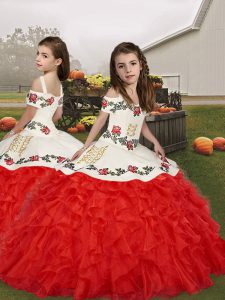 High Class Sleeveless Lace Up Floor Length Embroidery and Ruffles Little Girls Pageant Dress