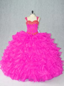 Noble Straps Sleeveless Quinceanera Dress Floor Length Beading and Ruffles Fuchsia Organza