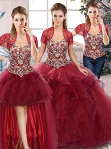 Nice Burgundy 15 Quinceanera Dress Military Ball and Sweet 16 and Quinceanera with Beading and Ruffles Off The Shoulder Sleeveless Lace Up