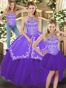 Eye-catching Three Pieces Ball Gown Prom Dress Purple Halter Top Satin and Tulle Sleeveless Floor Length Lace Up