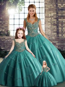 Enchanting Teal Lace Up 15th Birthday Dress Beading and Appliques Sleeveless Floor Length