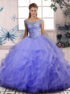 Floor Length Lavender Quinceanera Dress Off The Shoulder Sleeveless Lace Up