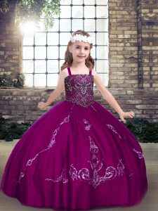 Ball Gowns Pageant Gowns For Girls Fuchsia Straps Tulle Sleeveless Floor Length Lace Up