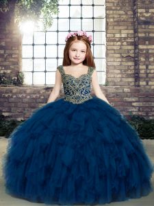 Sleeveless Floor Length Beading and Ruffles Lace Up Little Girls Pageant Dress with Navy Blue