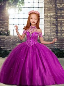 High-neck Sleeveless Tulle Pageant Gowns For Girls Beading Lace Up