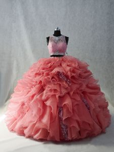 Floor Length Zipper Quinceanera Dress Watermelon Red for Sweet 16 and Quinceanera with Beading Brush Train