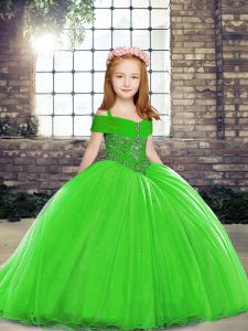 High Quality Straps Sleeveless Tulle Kids Pageant Dress Beading Brush Train Lace Up