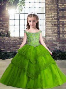 Luxurious Green Sleeveless Beading Floor Length Girls Pageant Dresses