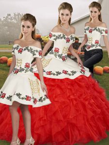 Customized Floor Length Lace Up Quinceanera Gown White And Red for Military Ball and Sweet 16 and Quinceanera with Embroidery and Ruffles