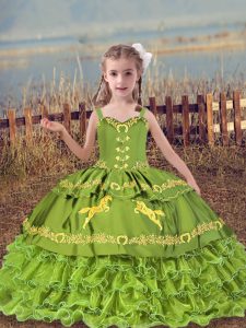 Cheap Olive Green Kids Formal Wear Wedding Party with Beading and Embroidery and Ruffled Layers Straps Sleeveless Lace Up