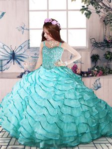 Nice Aqua Blue Sleeveless Organza Lace Up Kids Pageant Dress for Party and Sweet 16 and Wedding Party