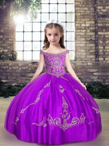 Inexpensive Purple Sleeveless Beading Floor Length Kids Pageant Dress