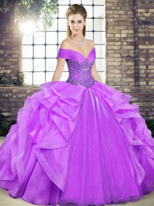 Edgy Lavender Organza Lace Up Ball Gown Prom Dress Sleeveless Floor Length Beading and Ruffles