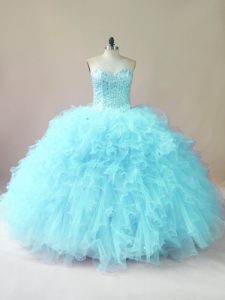 Traditional Tulle Sweetheart Sleeveless Lace Up Beading and Ruffles Quinceanera Gowns in Aqua Blue