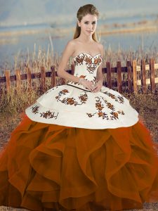 High End Rust Red Quinceanera Gown Military Ball and Sweet 16 and Quinceanera with Embroidery and Ruffles and Bowknot Sweetheart Sleeveless Lace Up