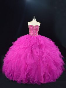 Fuchsia Sleeveless Floor Length Beading and Ruffles Lace Up Quince Ball Gowns