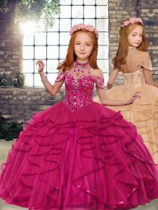 Sleeveless Tulle Kids Pageant Dress Beading and Ruffles Lace Up