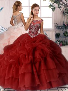 High End Sleeveless Organza Brush Train Zipper Ball Gown Prom Dress in Wine Red with Beading and Pick Ups