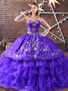 Purple Satin and Organza Lace Up Sweet 16 Dress Sleeveless Floor Length Embroidery and Ruffled Layers