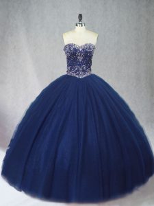 Navy Blue Ball Gowns Sweetheart Sleeveless Tulle Floor Length Lace Up Beading Quinceanera Gown