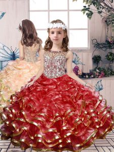 Popular Red Ball Gowns Scoop Sleeveless Organza Floor Length Lace Up Beading and Ruffles Little Girls Pageant Dress