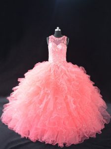 New Style Ball Gowns Quinceanera Dress Watermelon Red Scoop Organza Sleeveless Floor Length Lace Up