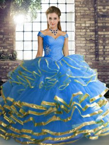 Luxury Blue Ball Gowns Off The Shoulder Sleeveless Tulle Floor Length Lace Up Beading and Ruffled Layers 15 Quinceanera Dress