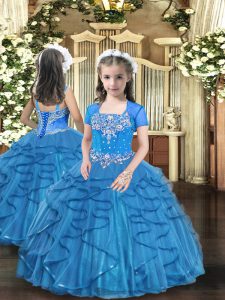 Affordable Floor Length Ball Gowns Sleeveless Baby Blue Pageant Gowns For Girls Lace Up