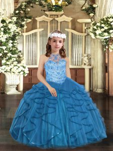 Superior Blue Sleeveless Beading and Ruffles Floor Length Little Girl Pageant Dress