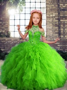 High End Tulle Halter Top Sleeveless Lace Up Beading and Ruffles Girls Pageant Dresses in