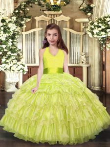 Halter Top Sleeveless Kids Pageant Dress Floor Length Ruffled Layers Yellow Green Organza