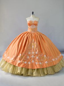 Orange Satin and Organza Lace Up Quinceanera Gown Sleeveless Floor Length Embroidery and Ruffled Layers